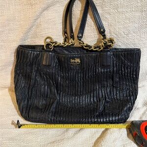 Coach Black Ruched Leather Tote with Gold Chain Handles